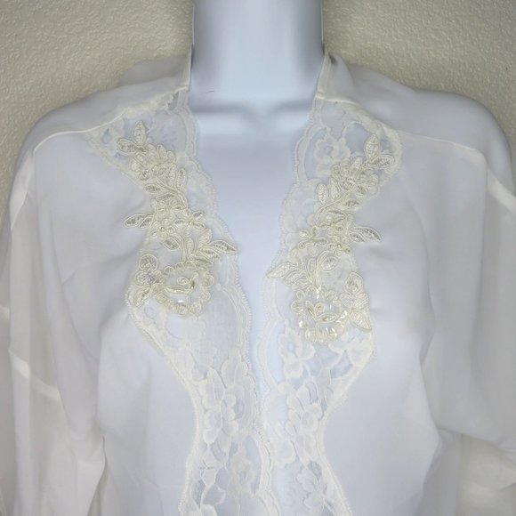 Linea Donatella Sheer Chiffon Open Front Robe S/M White Lace Pearls Knee Length - Picture 5 of 16